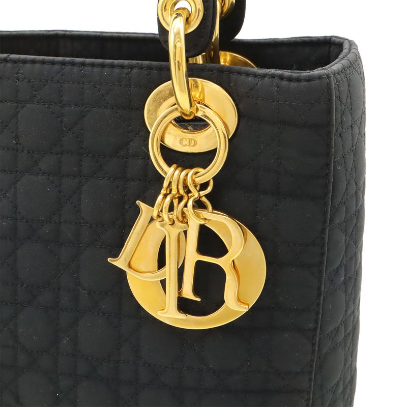 Christian DIOR Lady Dior Cannage Handbag Tote Bag Mini Bag Nylon Black Gold