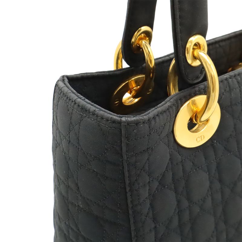 Christian DIOR Lady Dior Cannage Handbag Tote Bag Mini Bag Nylon Black Gold