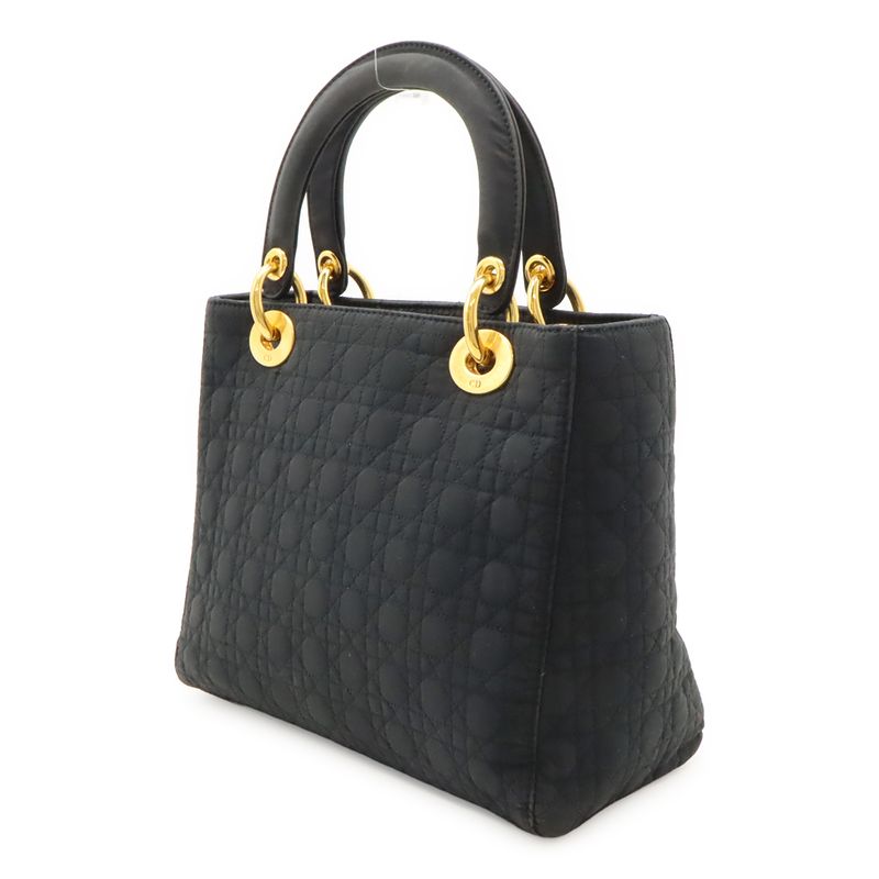 Christian DIOR Lady Dior Cannage Handbag Tote Bag Mini Bag Nylon Black Gold