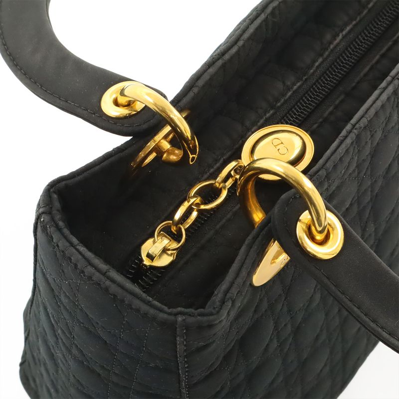 Christian DIOR Lady Dior Cannage Handbag Tote Bag Mini Bag Nylon Black Gold