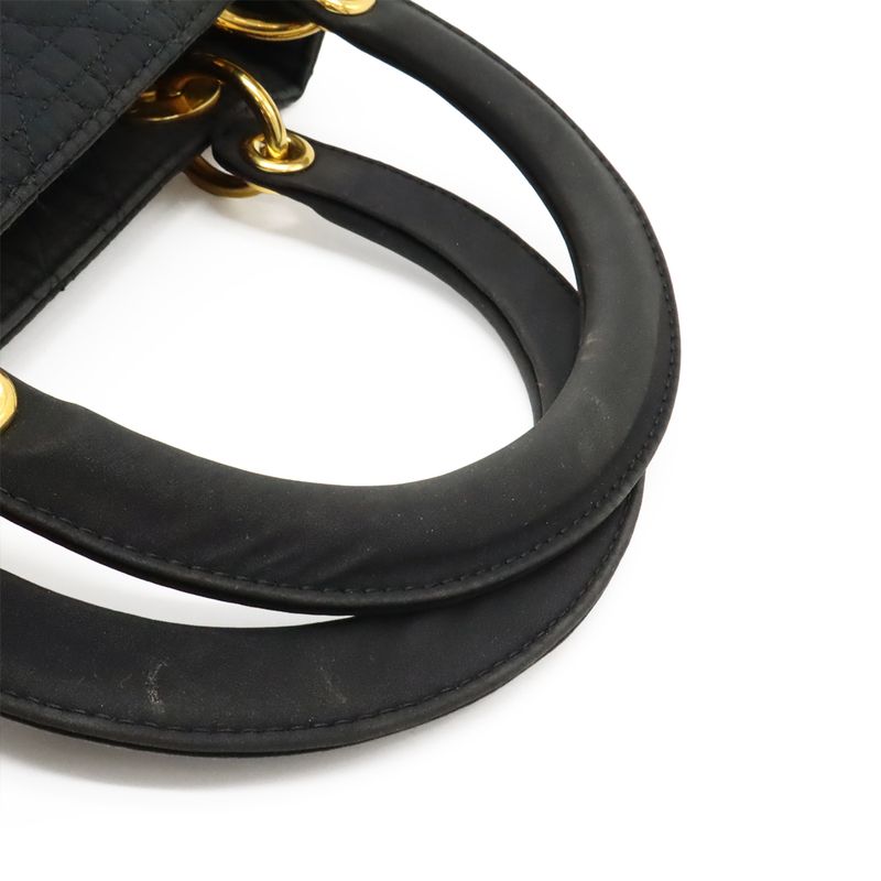 Christian DIOR Lady Dior Cannage Handbag Tote Bag Mini Bag Nylon Black Gold