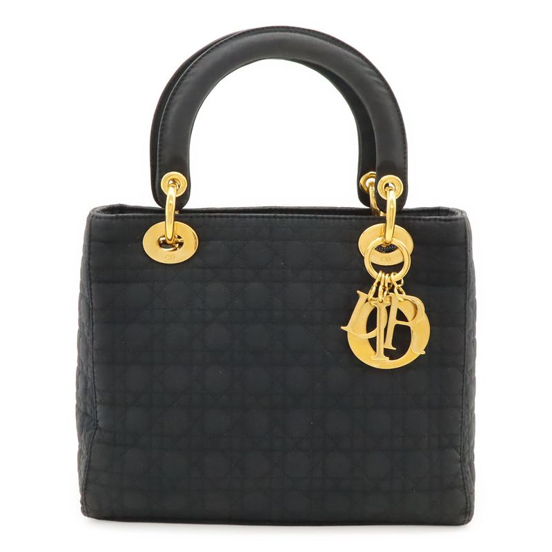 Christian DIOR Lady Dior Cannage Handbag Tote Bag Mini Bag Nylon Black Gold