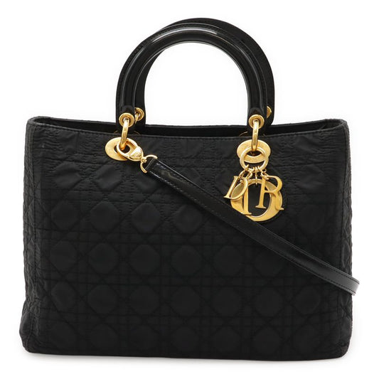 Christian DIOR Lady Dior Canage Handbag Tote Bag 2WAY Shoulder Nylon Black Gold