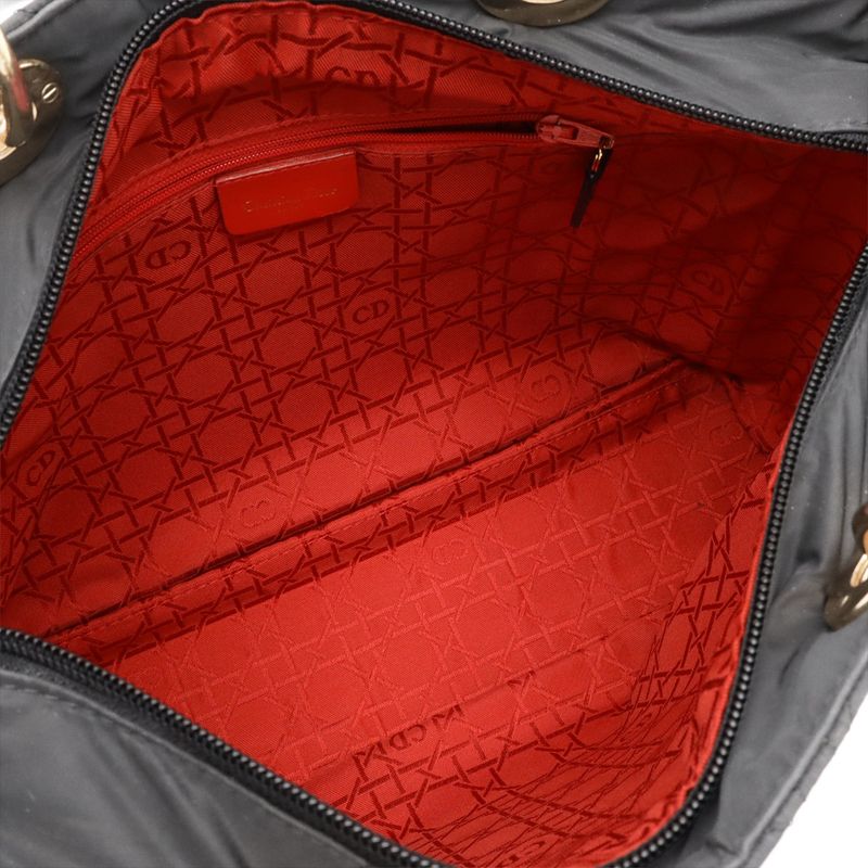 Christian DIOR Lady Dior Canage Handbag Tote Bag 2WAY Shoulder Nylon Black Gold