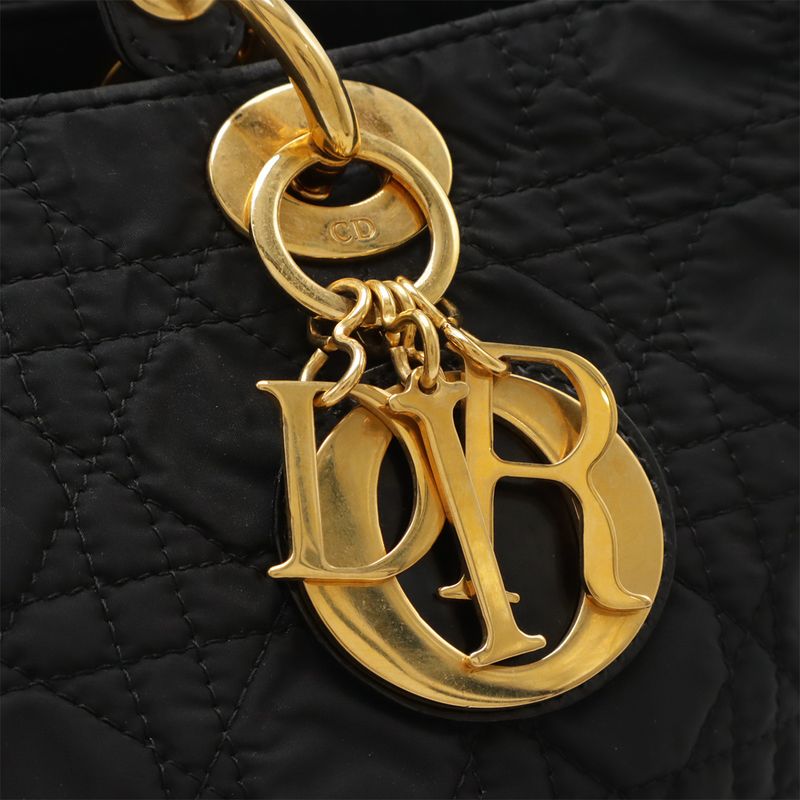 Christian DIOR Lady Dior Canage Handbag Tote Bag 2WAY Shoulder Nylon Black Gold