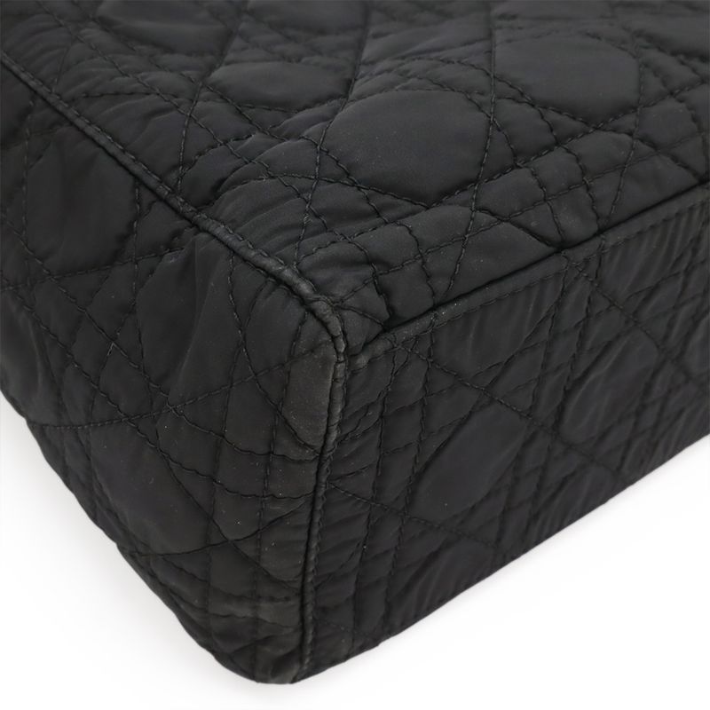 Christian DIOR Lady Dior Canage Handbag Tote Bag 2WAY Shoulder Nylon Black Gold