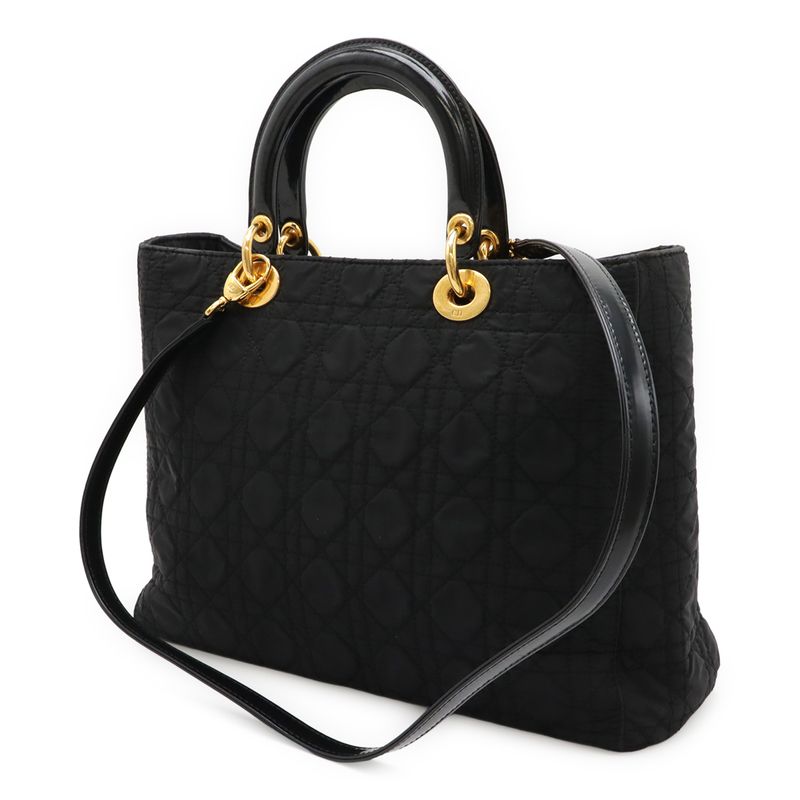 Christian DIOR Lady Dior Canage Handbag Tote Bag 2WAY Shoulder Nylon Black Gold