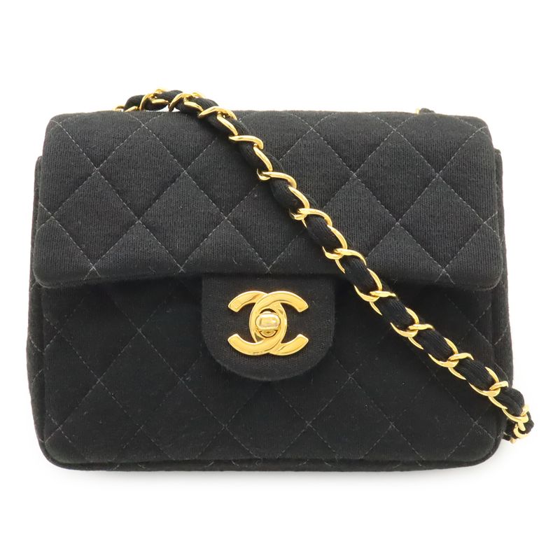 Chanel Mini Matelasse Coco Mark Chain Shoulder Bag Pochette Cotton Black Gold