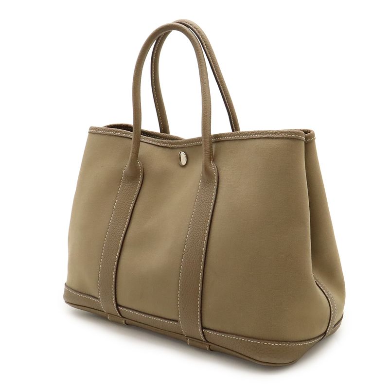 Hermes Garden Party TPM Tote Handbag Leather Toile Officier Etoupe Silver