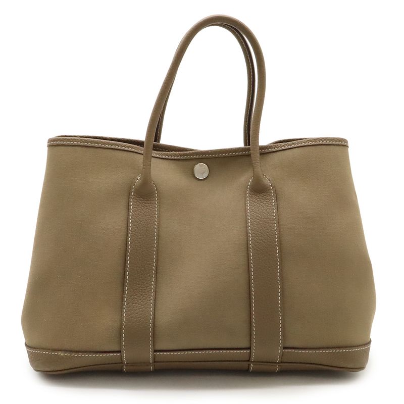 Hermes Garden Party TPM Tote Handbag Leather Toile Officier Etoupe Silver