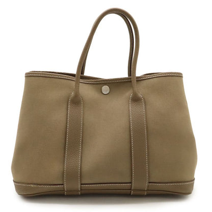 Hermes Garden Party TPM Tote Handbag Leather Toile Officier Etoupe Silver