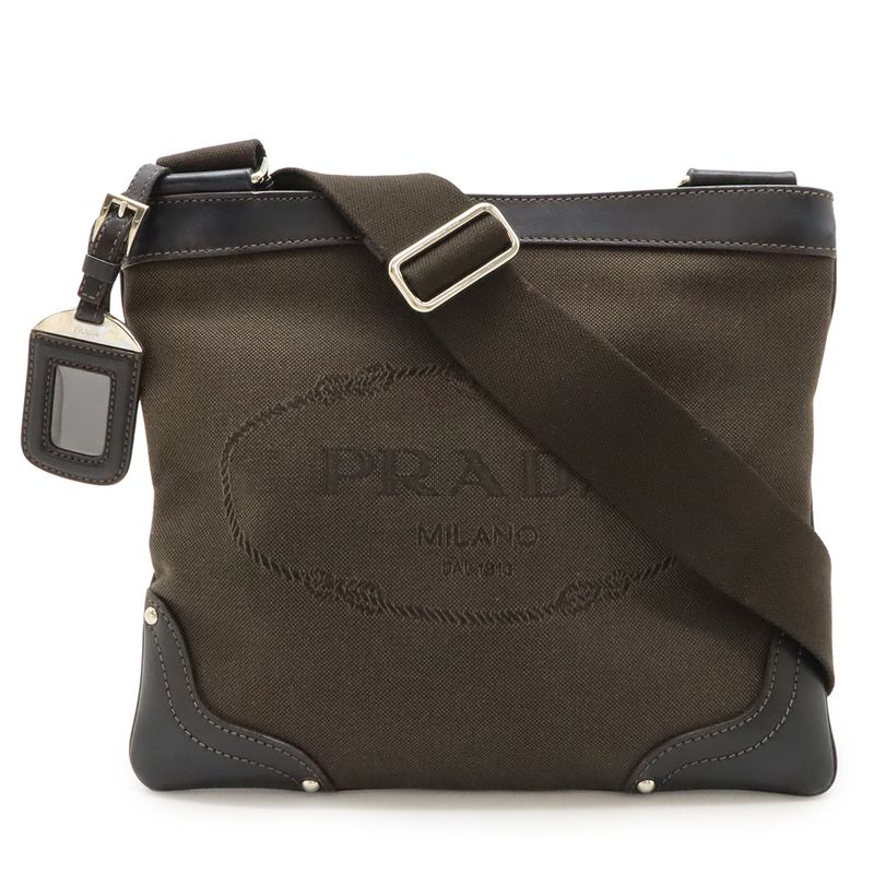 Prada Logo Jacquard Shoulder Bag Pochette Canvas Leather MORO Dark Brown NERO