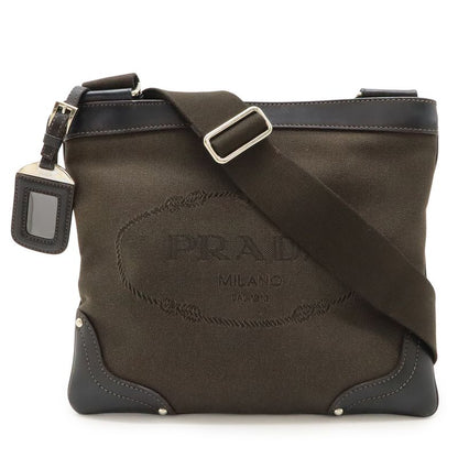Prada Logo Jacquard Shoulder Bag Pochette Canvas Leather MORO Dark Brown NERO