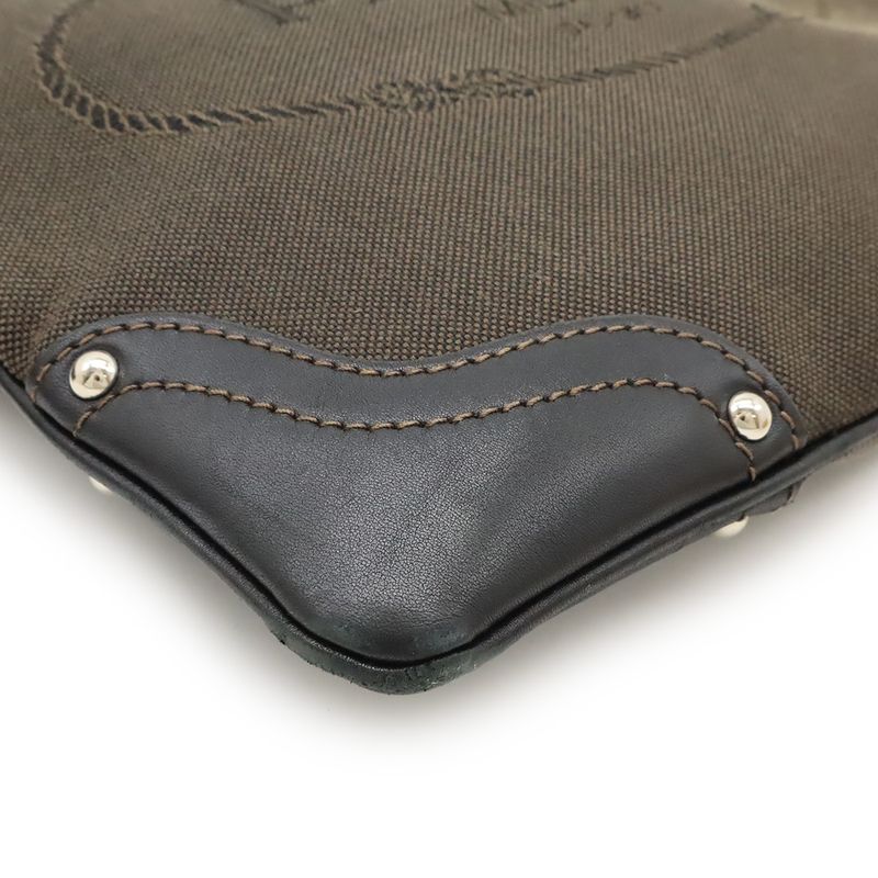 Prada Logo Jacquard Shoulder Bag Pochette Canvas Leather MORO Dark Brown NERO