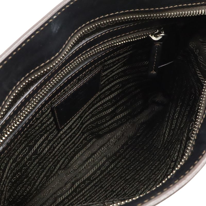 Prada Logo Jacquard Shoulder Bag Pochette Canvas Leather MORO Dark Brown NERO