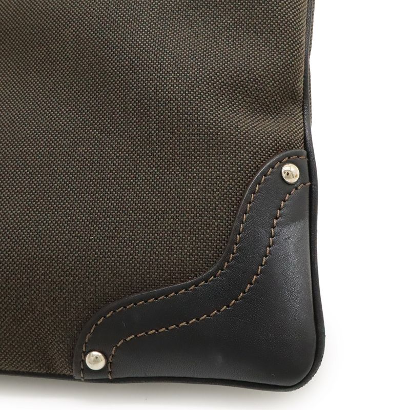 Prada Logo Jacquard Shoulder Bag Pochette Canvas Leather MORO Dark Brown NERO