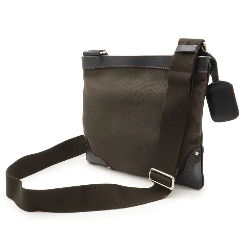 Prada Logo Jacquard Shoulder Bag Pochette Canvas Leather MORO Dark Brown NERO