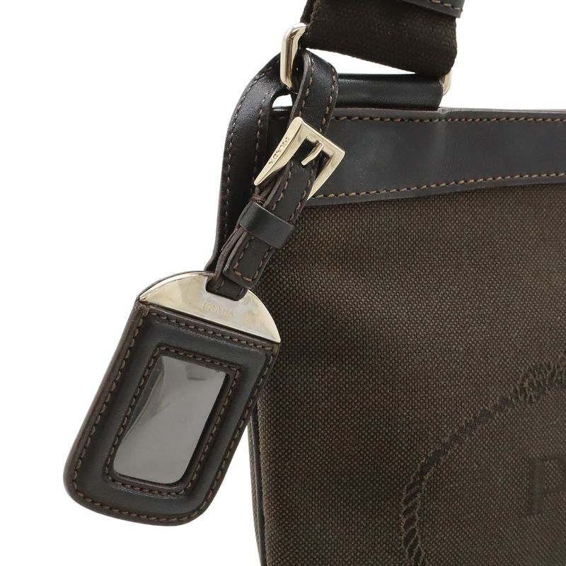 Prada Logo Jacquard Shoulder Bag Pochette Canvas Leather MORO Dark Brown NERO