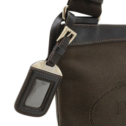 Prada Logo Jacquard Shoulder Bag Pochette Canvas Leather MORO Dark Brown NERO