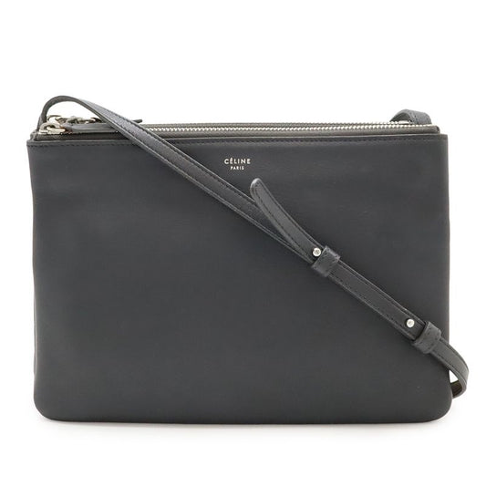 Celine Trio Large Shoulder Bag Pochette Crossbody Pouch Leather Gray Silver