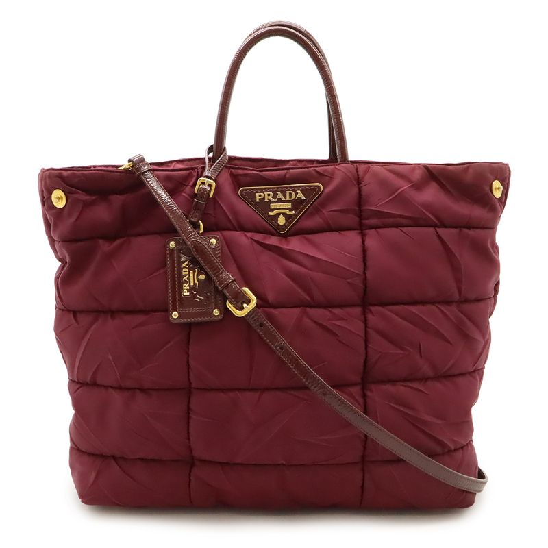 Prada Crispy Tote 2WAY Shoulder Bag Crossbody Quilted Nylon Enamel Wine Red