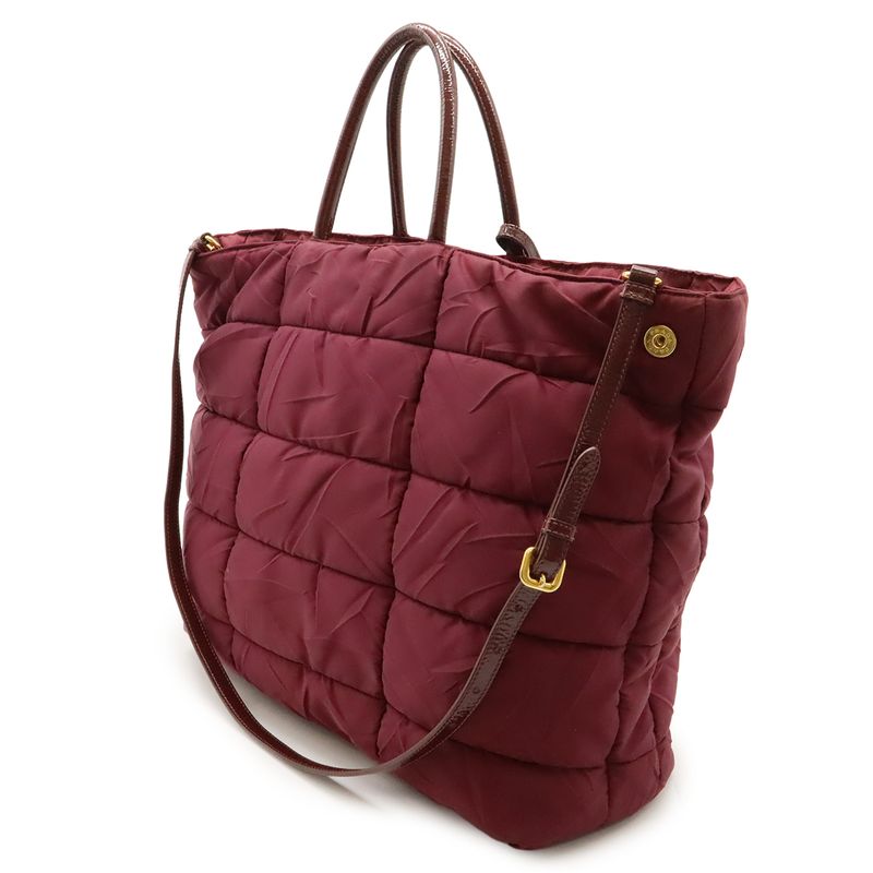 Prada Crispy Tote 2WAY Shoulder Bag Crossbody Quilted Nylon Enamel Wine Red