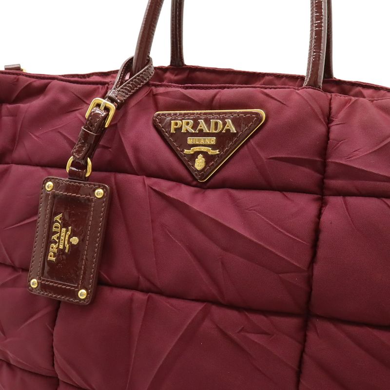 Prada Crispy Tote 2WAY Shoulder Bag Crossbody Quilted Nylon Enamel Wine Red