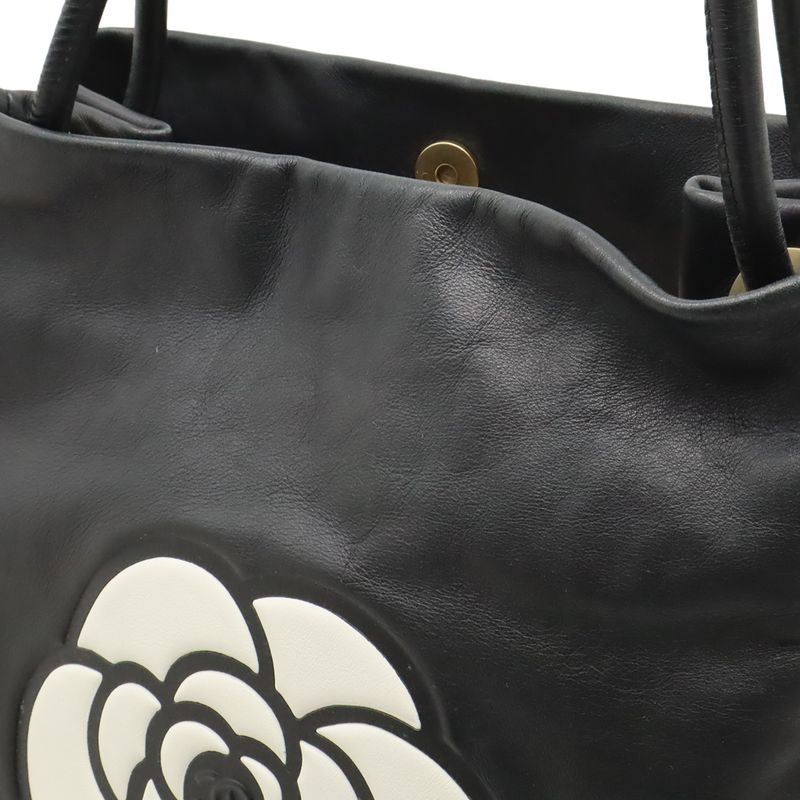 Chanel Camellia Logo Tote Shoulder Bag Shoulder Tote Shoulder Leather Black