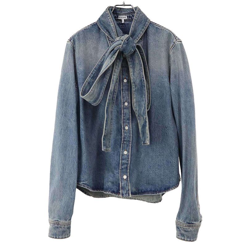 Loewe 24aw Bow Tie Washed Denim Shirt S359y1dx08 Indigo Blue 40