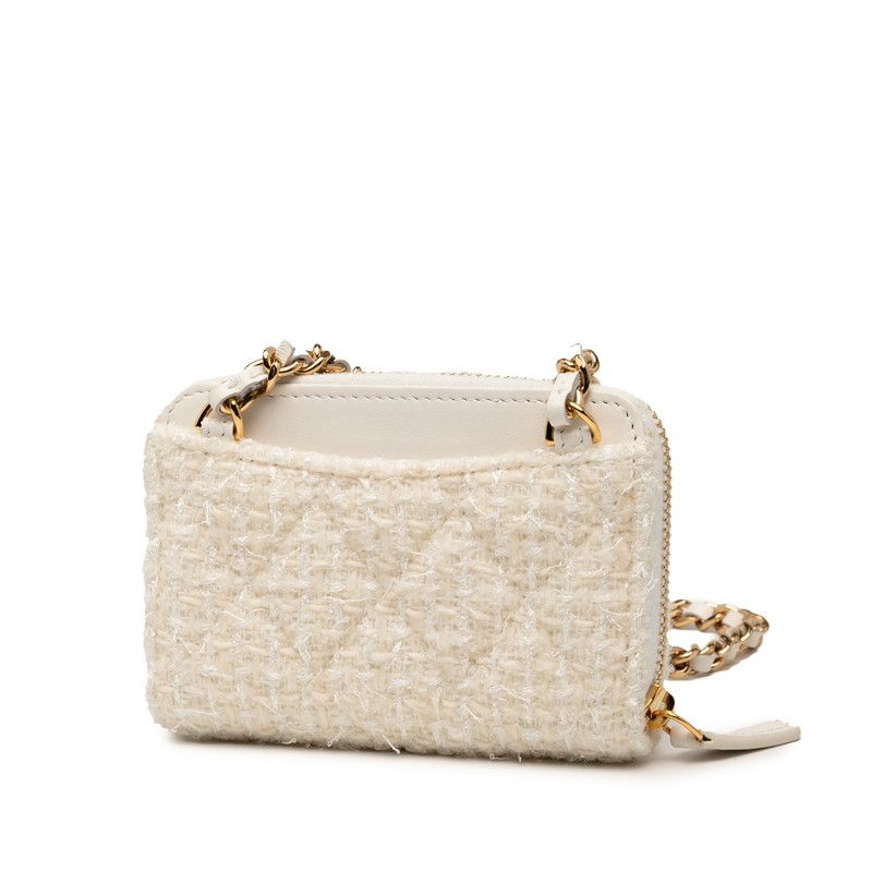 Chanel Coco Mark Ribbon Mini Chain Wallet Coin Case White Tweed Leather Women