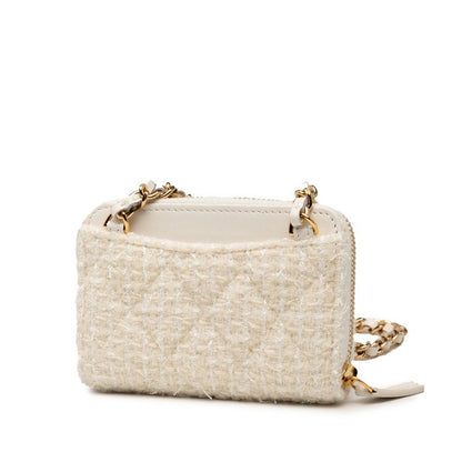 Chanel Coco Mark Ribbon Mini Chain Wallet Coin Case White Tweed Leather Women