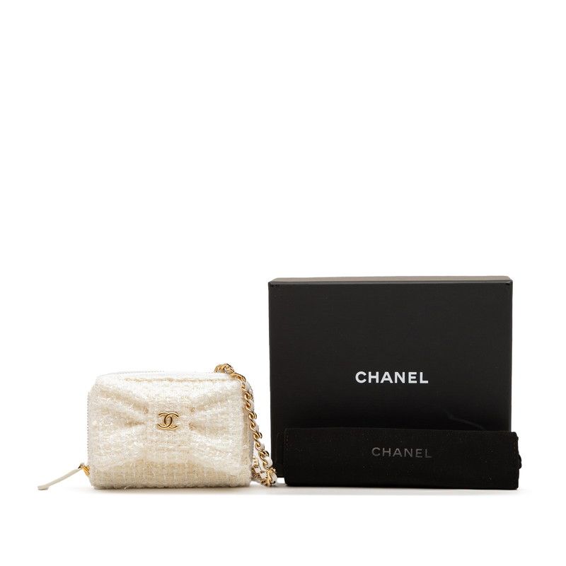 Chanel Coco Mark Ribbon Mini Chain Wallet Coin Case White Tweed Leather Women