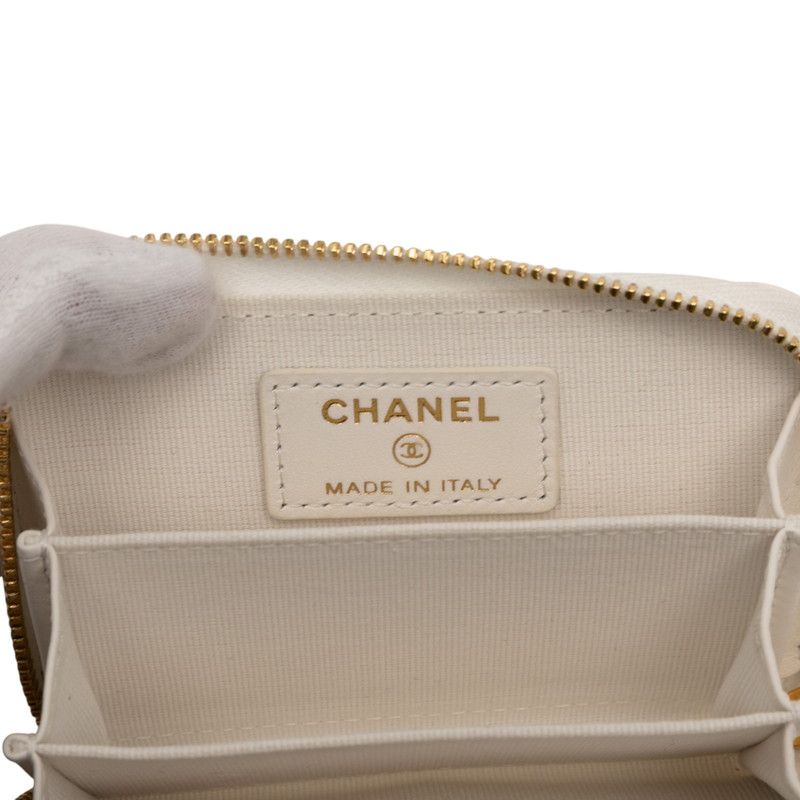 Chanel Coco Mark Ribbon Mini Chain Wallet Coin Case White Tweed Leather Women