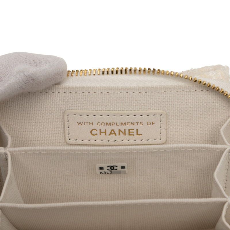 Chanel Coco Mark Ribbon Mini Chain Wallet Coin Case White Tweed Leather Women