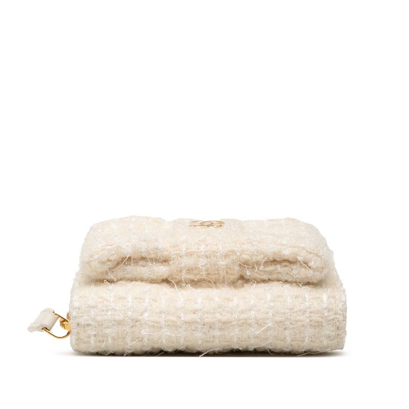 Chanel Coco Mark Ribbon Mini Chain Wallet Coin Case White Tweed Leather Women