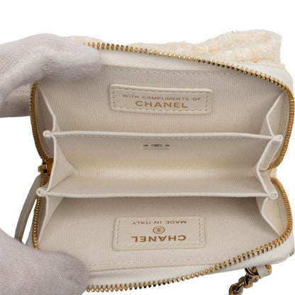 Chanel Coco Mark Ribbon Mini Chain Wallet Coin Case White Tweed Leather Women