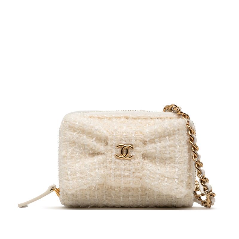 Chanel Coco Mark Ribbon Mini Chain Wallet Coin Case White Tweed Leather Women