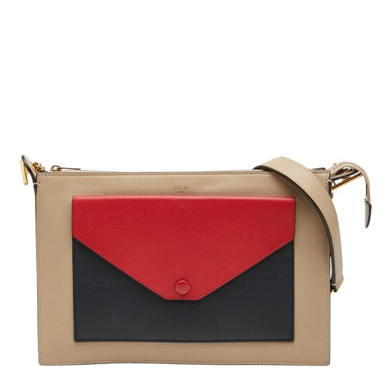 Celine Pocket Chain Shoulder Bag Beige Red Navy Leather Women's Celine