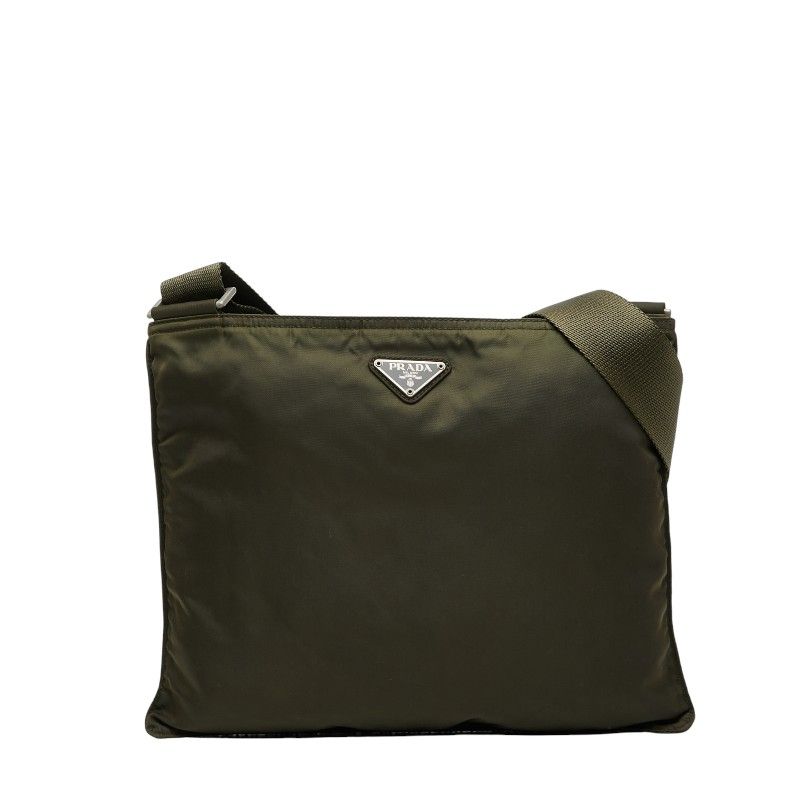 Prada Triangle Logo Plate Crossbody Shoulder Bag Khaki Nylon Women Prada