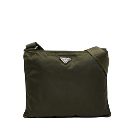 Prada Triangle Logo Plate Crossbody Shoulder Bag Khaki Nylon Women Prada