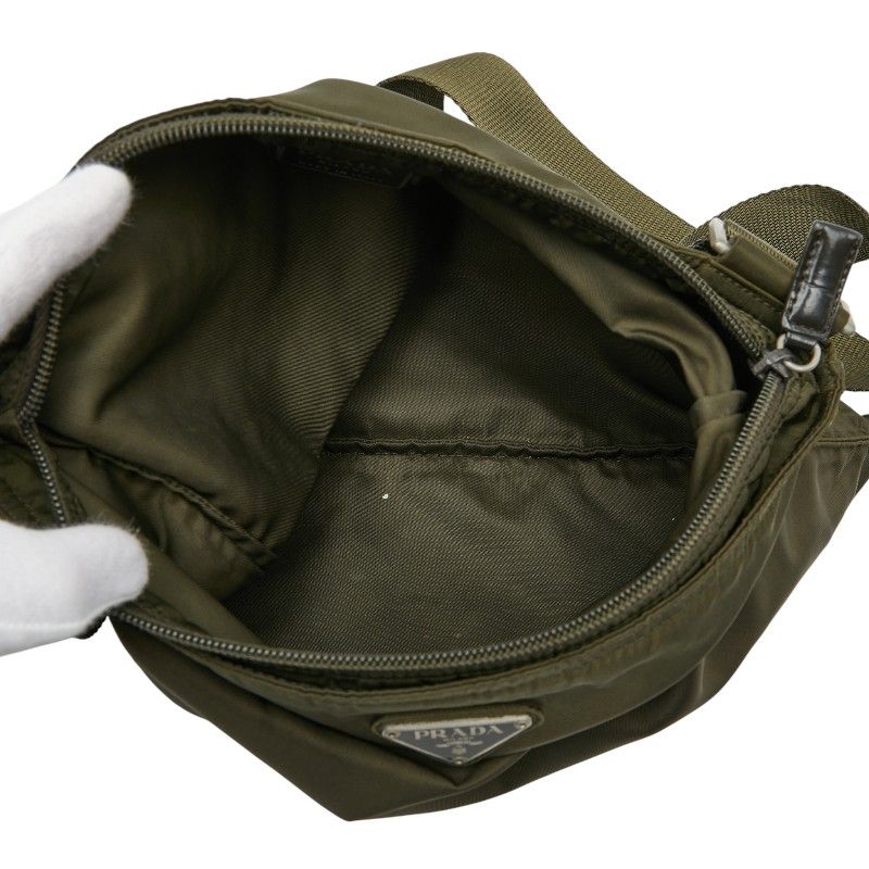 Prada Triangle Logo Plate Crossbody Shoulder Bag Khaki Nylon Women Prada