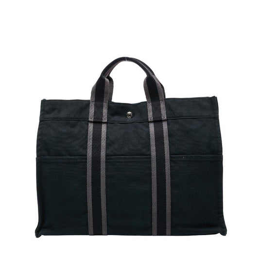 Hermes Fourre Tout MM Tote Handbag Black Gray Canvas Women Hermes