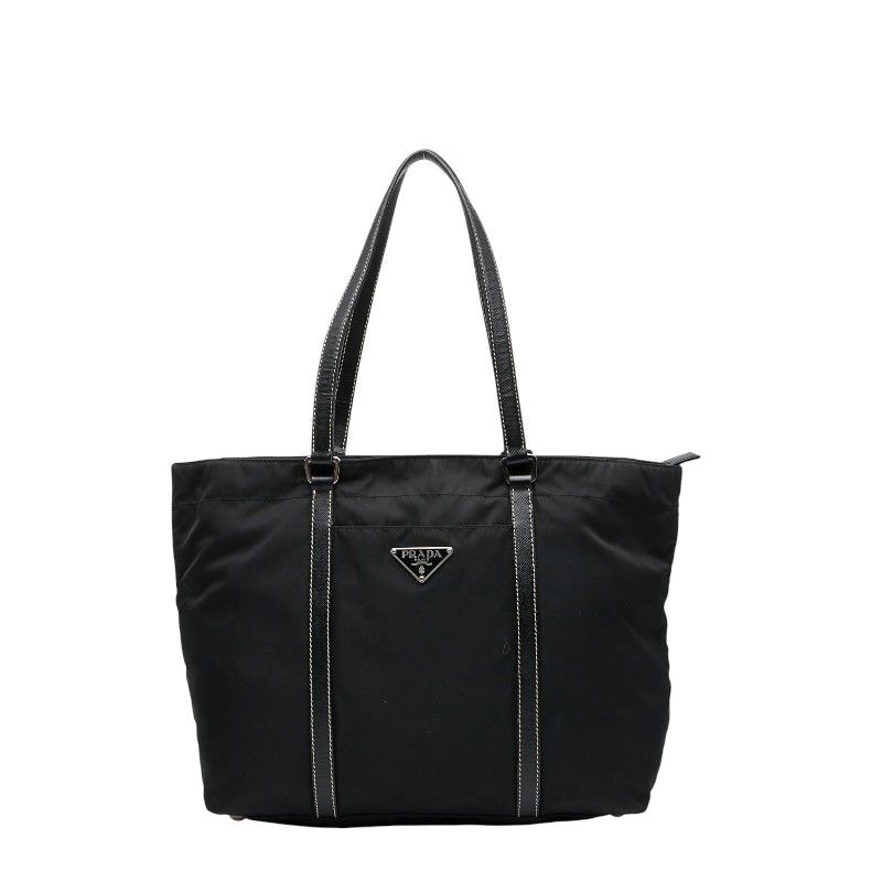 Prada Triangle Logo Plate Tote Handbag Black Nylon Saffiano Leather Women Prada