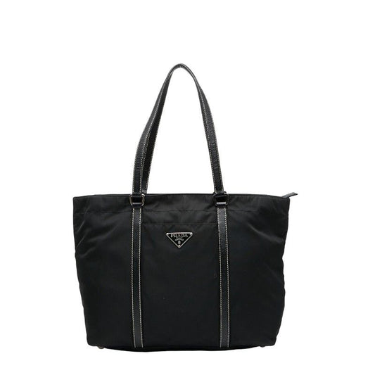 Prada Triangle Logo Plate Tote Handbag Black Nylon Saffiano Leather Women Prada