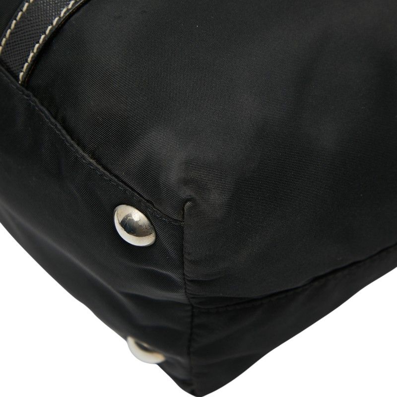 Prada Triangle Logo Plate Tote Handbag Black Nylon Saffiano Leather Women Prada