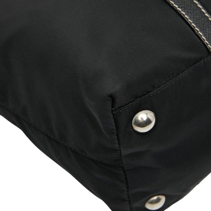 Prada Triangle Logo Plate Tote Handbag Black Nylon Saffiano Leather Women Prada