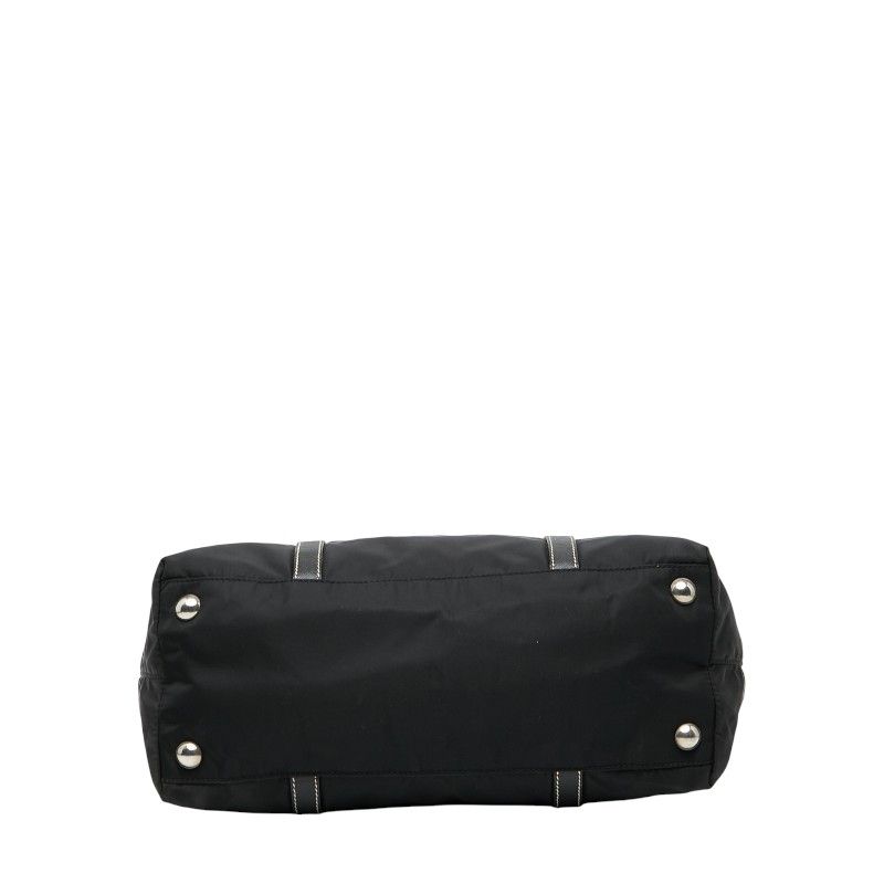 Prada Triangle Logo Plate Tote Handbag Black Nylon Saffiano Leather Women Prada
