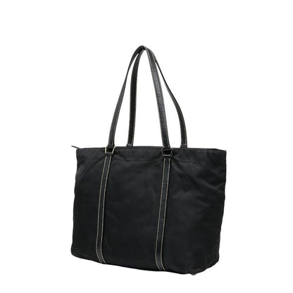 Prada Triangle Logo Plate Tote Handbag Black Nylon Saffiano Leather Women Prada