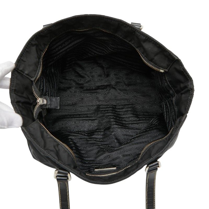 Prada Triangle Logo Plate Tote Handbag Black Nylon Saffiano Leather Women Prada