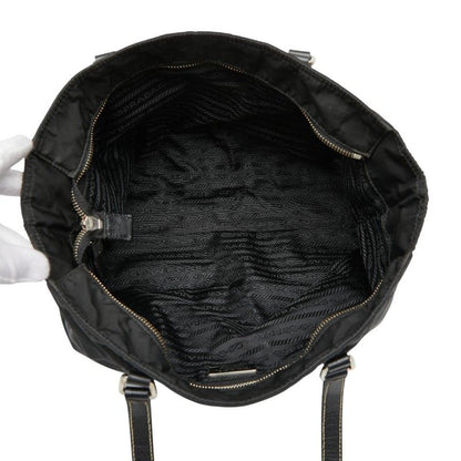 Prada Triangle Logo Plate Tote Handbag Black Nylon Saffiano Leather Women Prada